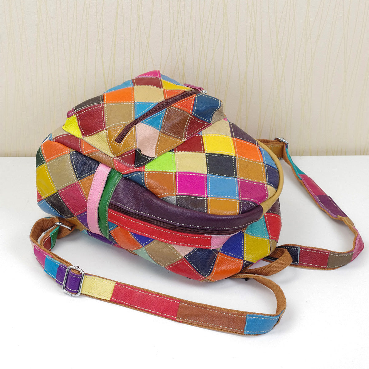 Genuine Top Layer Cowhide Colorful Color Block Backpack for Women, New Arrival Handmade Casual Travel Daypack, Designer Leather Bag for Ladies