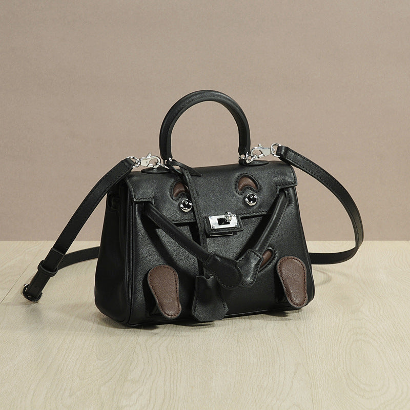 Genuine Top Layer Cowhide Smiley Face Bag for Women, Cute Mini Millennium Doll Crossbody Purse, Playful Kelly-Style Handbag with Premium Quality for Ladies