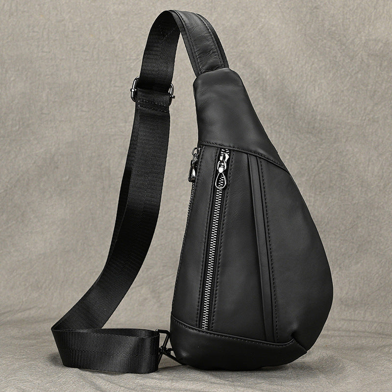 Creative Fashion Black Chest Bag in Top Layer Cowhide, Crossbody Shoulder Pouch, Outdoor Casual Bag for Men