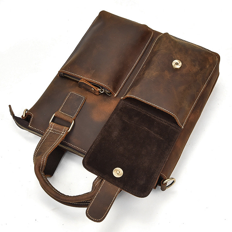 Vertical Crazy Horse Leather A4 Briefcase, Casual Business Crossbody Shoulder Bag, Premium Top Handle Work Bag 9435 for Men