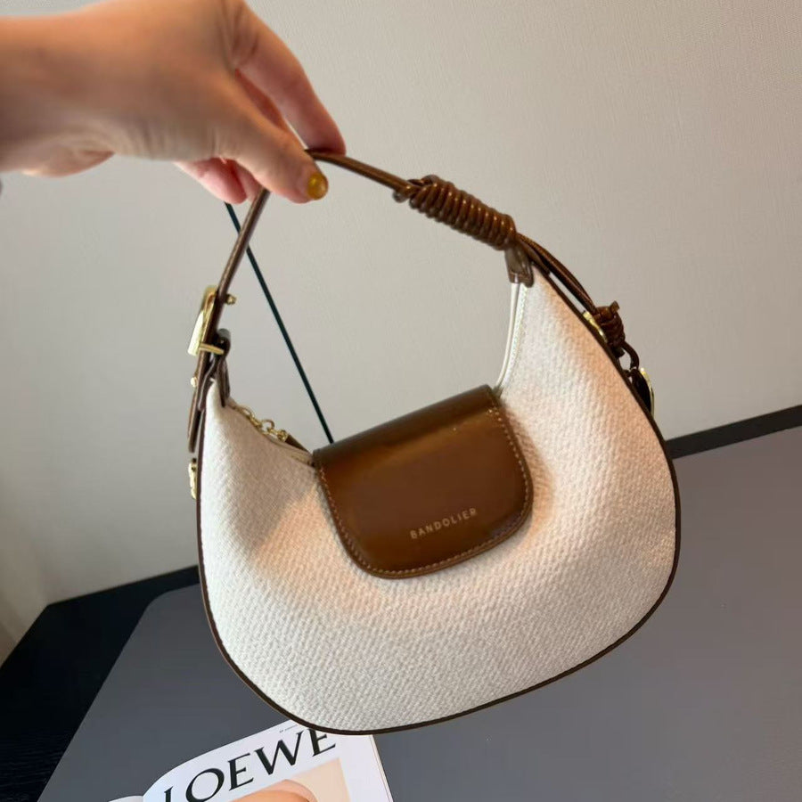 Color-Block Crescent Bag for Women Fall Winter Light Luxury Top Handle Shoulder Crossbody Purse, High-Quality Versatile Going-Out Handbag with Chic Contrast Design
