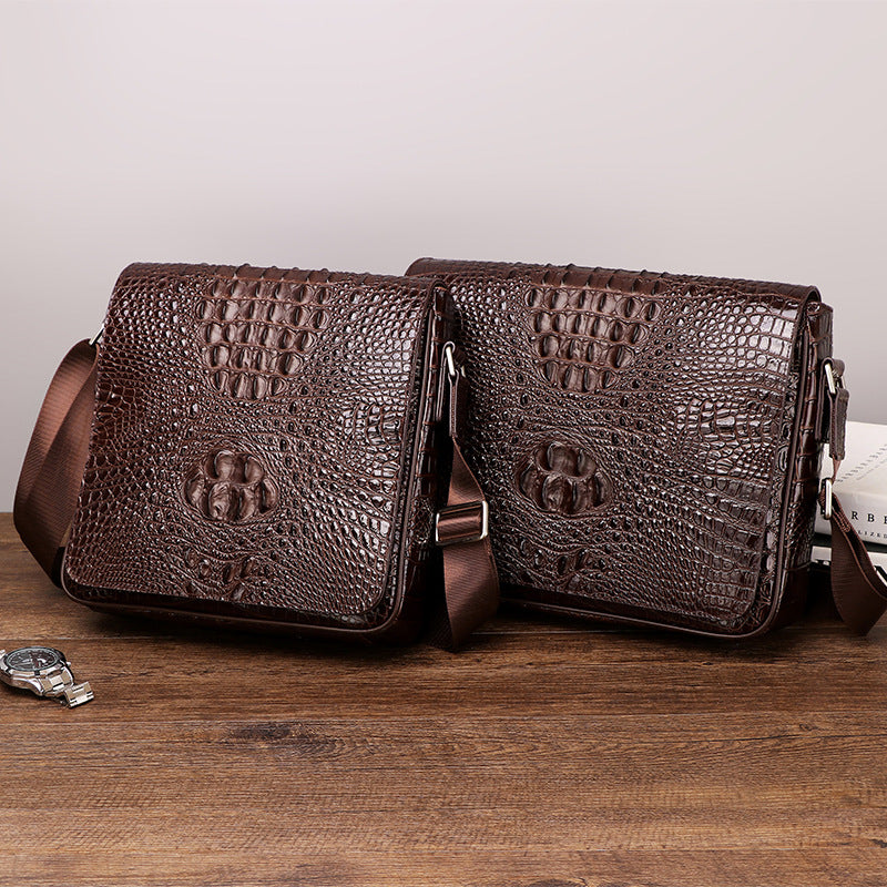 New Arrival Croc-Effect Genuine Leather Messenger Bag for Men, A Cowhide Shoulder Crossbody Handbag with Fashionable Design