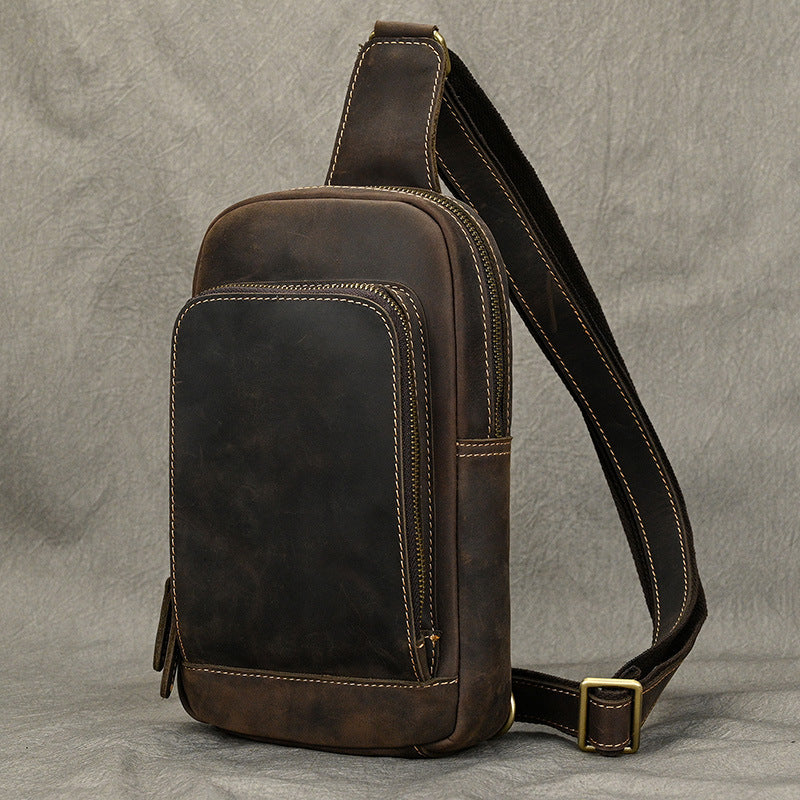 Crazy Horse Leather Minimalist Chest Bag, Casual Crossbody Shoulder Pouch, Outdoor Commute Bag for Men