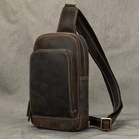 Crazy Horse Leather Minimalist Chest Bag, Casual Crossbody Shoulder Pouch, Outdoor Commute Bag for Men