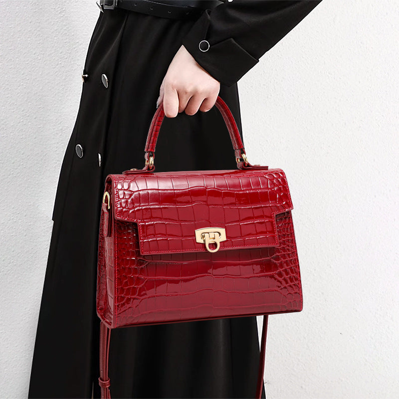 Genuine Leather Glossy Crocodile-Embossed Handbag for Women, 2026 New Lock Buckle Large Capacity Shoulder Crossbody Purse, Trendy Bag for Ladies