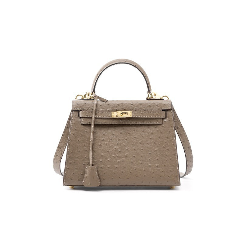 Women's Genuine Leather Handbag Shoulder Bag Top Layer Cowhide Kelly Style Crossbody Purse with Ostrich Embossed Texture
