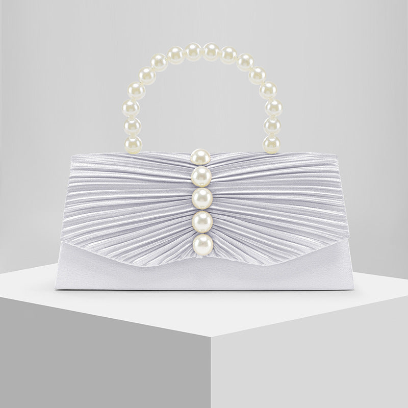 Satin Pearl Embellished Evening Clutch for Women, New Pleated Formal Gown Purse, Elegant Party Handbag for Ladies