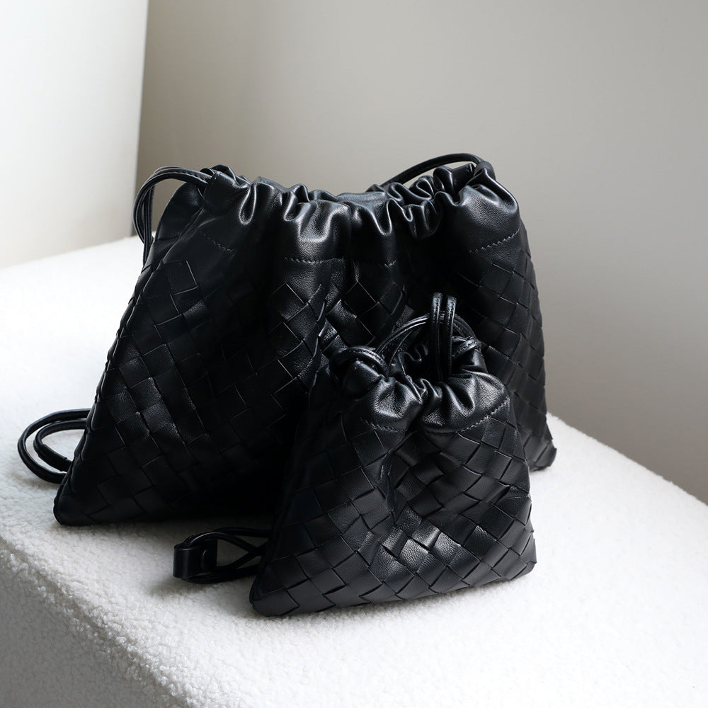 Sheepskin Woven Dumpling Drawstring Bag for Women Genuine Leather Underarm Shoulder Crossbody Handbag, Versatile Purse with Soft Textured Design