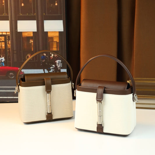 French Vintage Color-Block Mini Square Bag for Women Soft Elegant Top Handle Crossbody Purse with Unique Lock Clasp Design, Versatile Commuter Shoulder Handbag