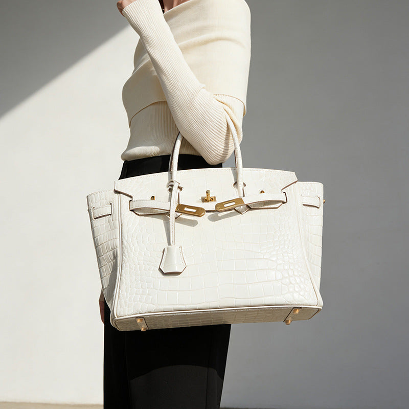 Genuine White Top Layer Cowhide Crocodile-Embossed Birkin-Style Bag for Women, Large Capacity Commute Top Handle Shoulder Purse, Premium Handbag for Ladies