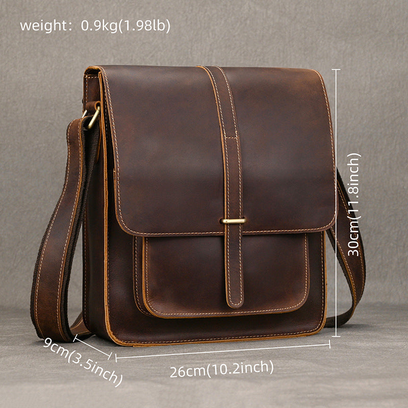 Crazy Horse Leather Flap Crossbody Shoulder Bag, Top Layer Cowhide iPad Pouch, Casual Tablet Bag for Men