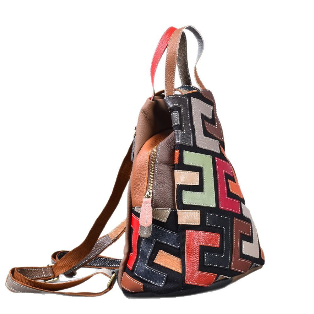 Genuine Top Layer Cowhide Geometric Patchwork Backpack for Women, Vintage Academic Casual Multifunctional Daypack, Versatile Leather Bag for Ladies