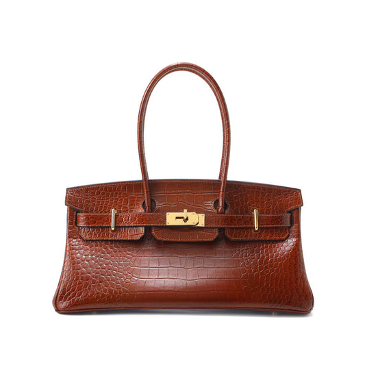 Chic Croc-Embossed Birkin-Inspired Horizontal Tote Bag for Women, Premium Top-Layer Cowhide Large Capacity Underarm Shoulder Handbag with Unique Boutique Style