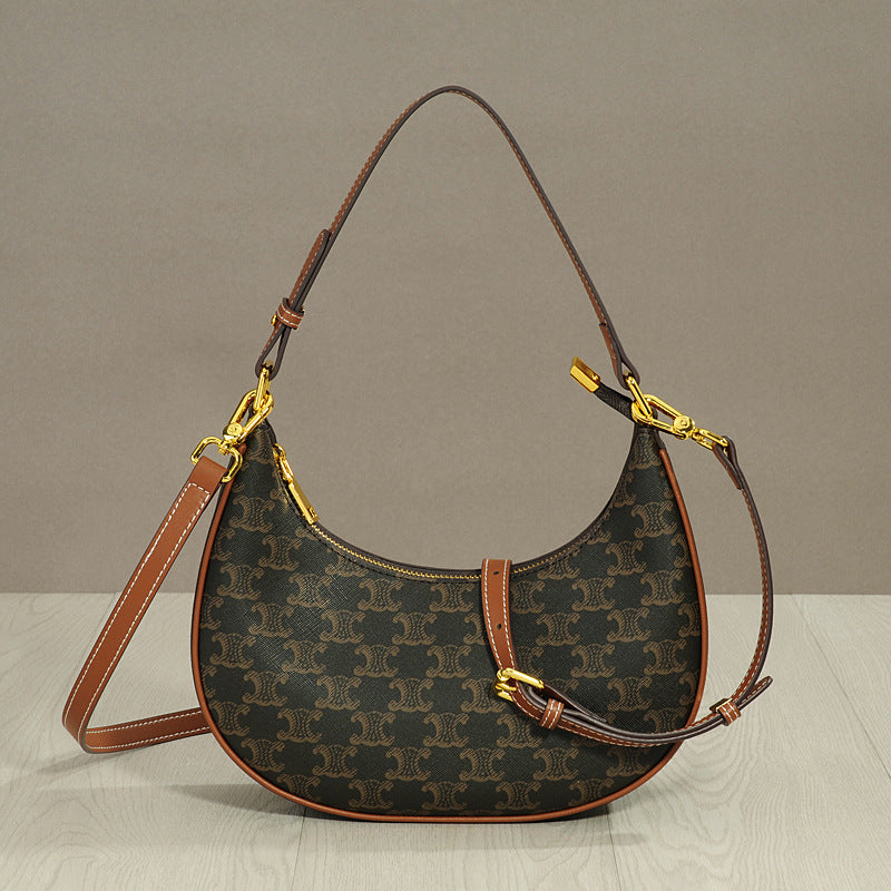New Vintage Monogram Arch Style Genuine Leather Shoulder Crossbody Bag for Women, Celebrity Crescent Baguette Bag