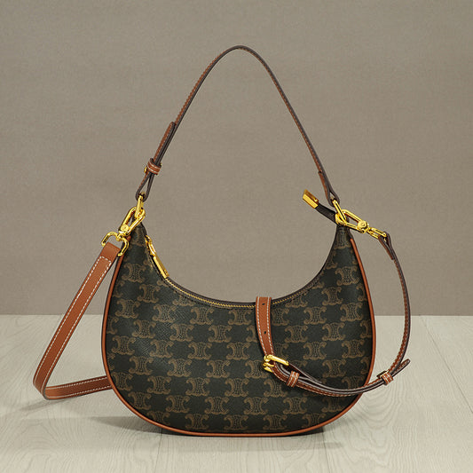 New Vintage Monogram Arch Style Genuine Leather Shoulder Crossbody Bag for Women, Celebrity Crescent Baguette Bag