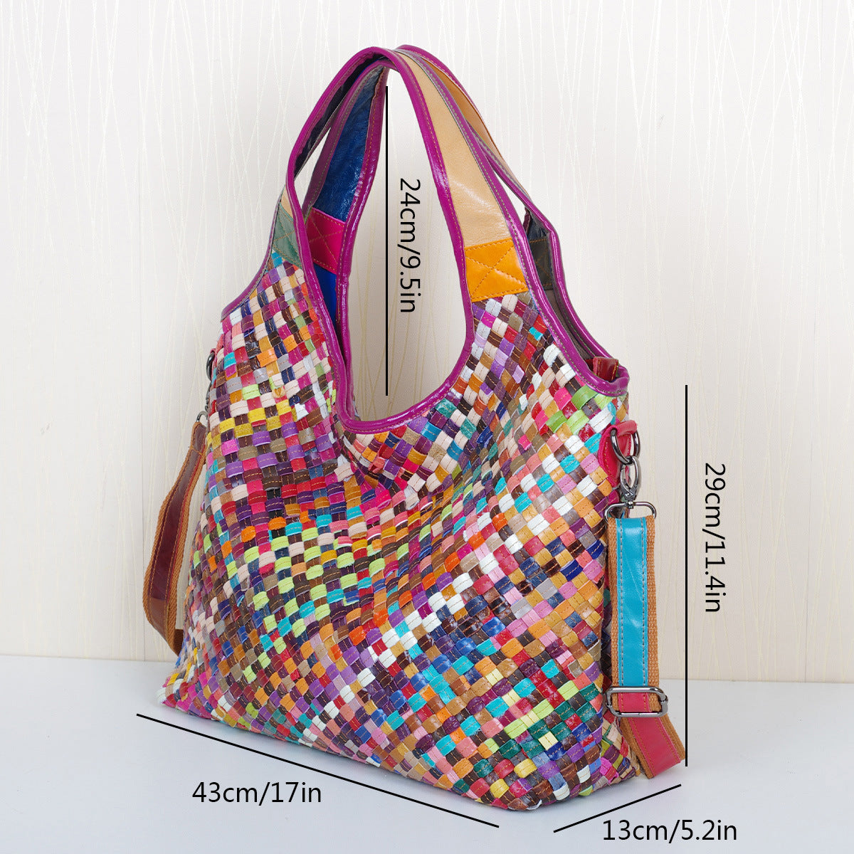 Genuine Leather Colorful Handwoven Bag for Women, Casual Travel Shoulder Crossbody Top Handle Purse, Straw Style Woven Handbag for Ladies
