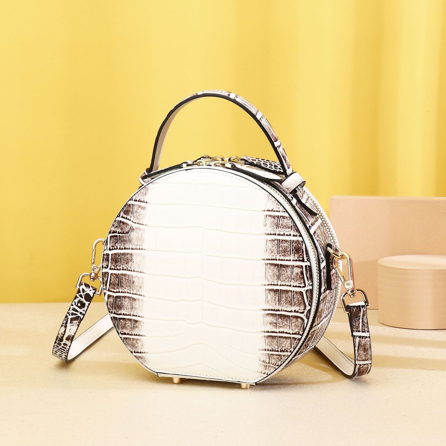 New Arrival Classic Croc-Effect Round Bag in Himalayan White for Women, A Crossbody Shoulder Mini Backpack with Top Handle & Elegant Design