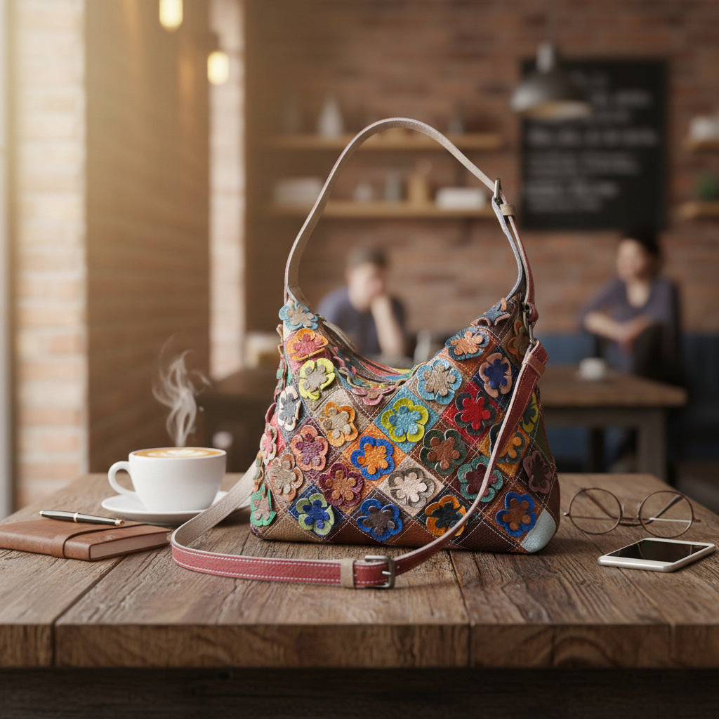 Premium Handcrafted Floral Color-Block Quilted Leather Bag for Women | New Genuine Cowhide Shoulder Purse with Unique Artistic Floral Patchwork Design | Casual Chic Everyday Handbag with Bohemian Flair | Trendy Statement Accessory for the Style-Consc