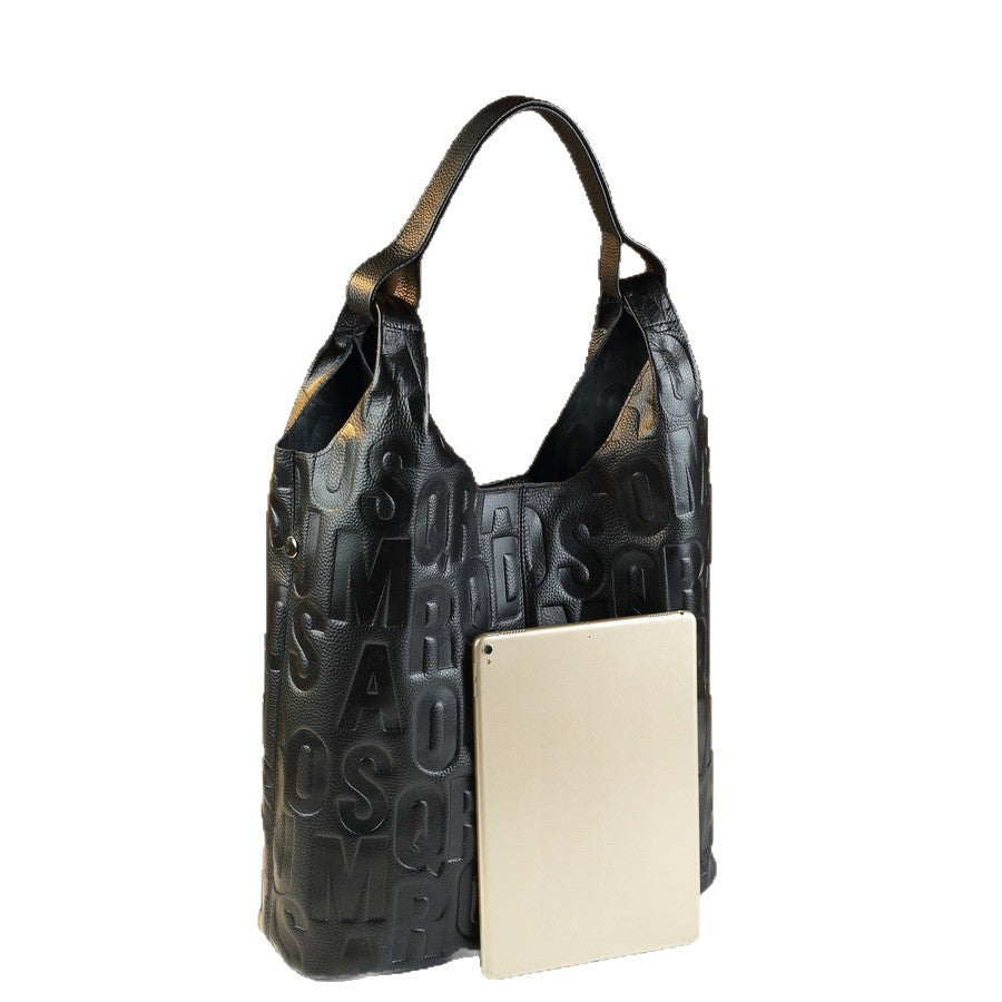 Genuine Leather Letter Tote Bag for Women Large Capacity Shoulder Handbag, Trendy Commuter Purse with Versatile Everyday Style