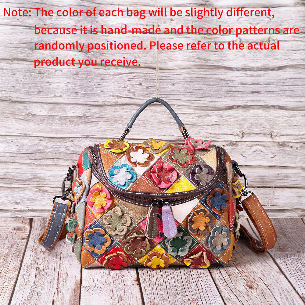Genuine Top Layer Cowhide Handmade Floral Color Block Patchwork Handbag for Women, New Arrival Top Handle Shoulder Purse, Casual Travel Small Bag for Ladies