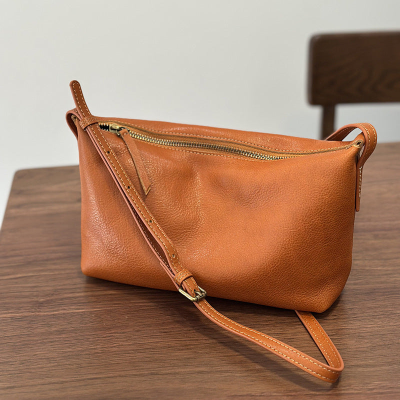 Genuine Top Layer Vegetable-Tanned Cowhide Crossbody Bag for Women, Spring Summer Lightweight Dumpling Shoulder Purse, Versatile Small Everyday Handbag for Ladies