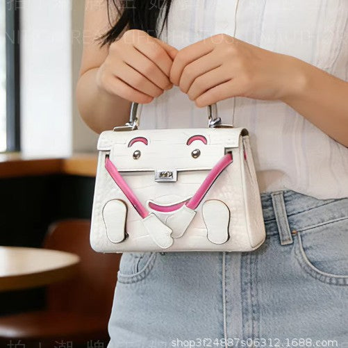 New Arrival Cute Smiley Face Kelly-Inspired Bag for Women, A Trendy Textured Top-Handle Shoulder Crossbody Handbag with Croc-Effect Finish & Versatile Style