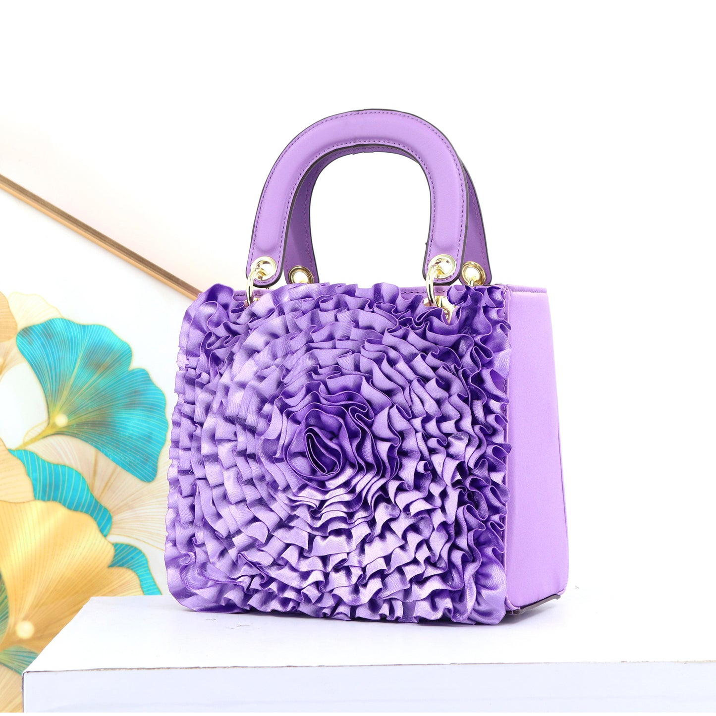 Premium Satin Ruffle Flower Diana-Style Handbag for Women, Exquisite Southeast Asian Designer Bag, High-Quality Ladies Shoulder Purse