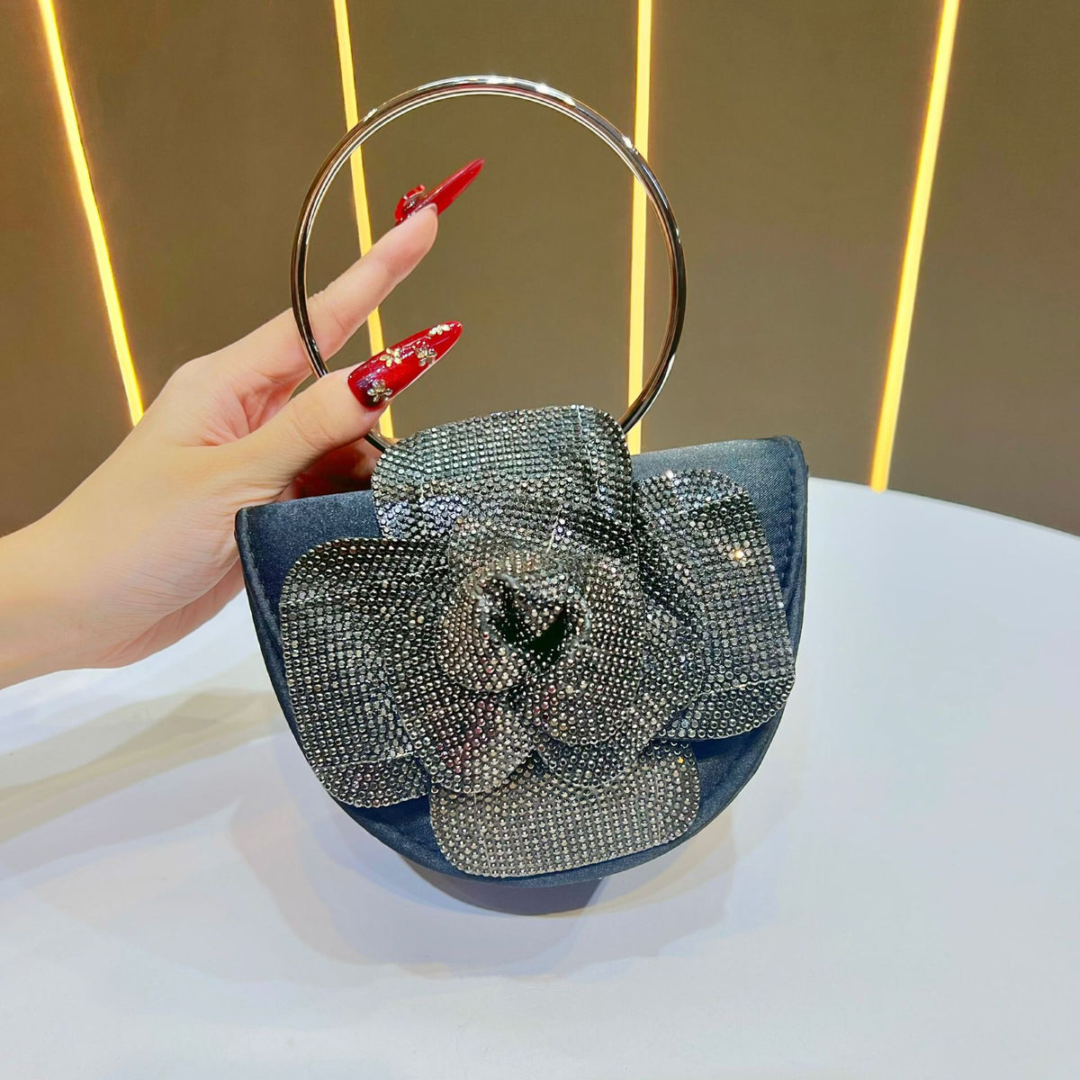 Chic Sparkly Camellia Evening Bag for Women, A Glamorous Ring Top-Handle Crossbody Shoulder Handbag Perfect for Banquets Parties & Special Occasions