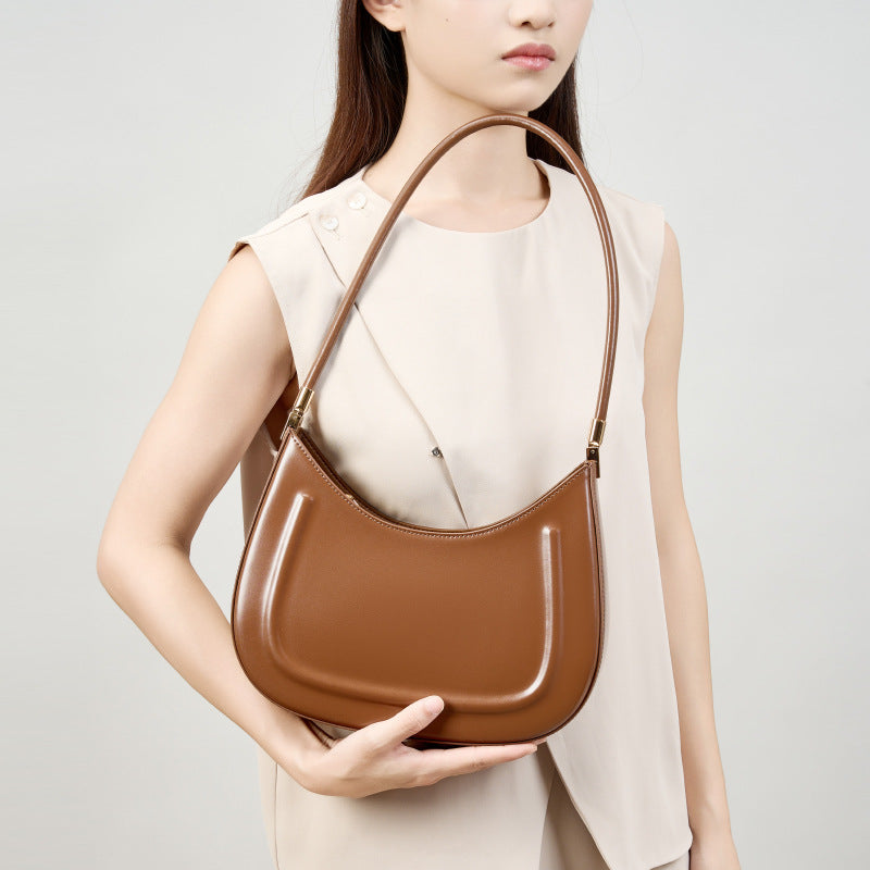 Genuine Black Cowhide Saddle Bag for Women, New Niche Baguette Shoulder Crossbody Top Handle Purse, Premium Commute Underarm Handbag for Ladies