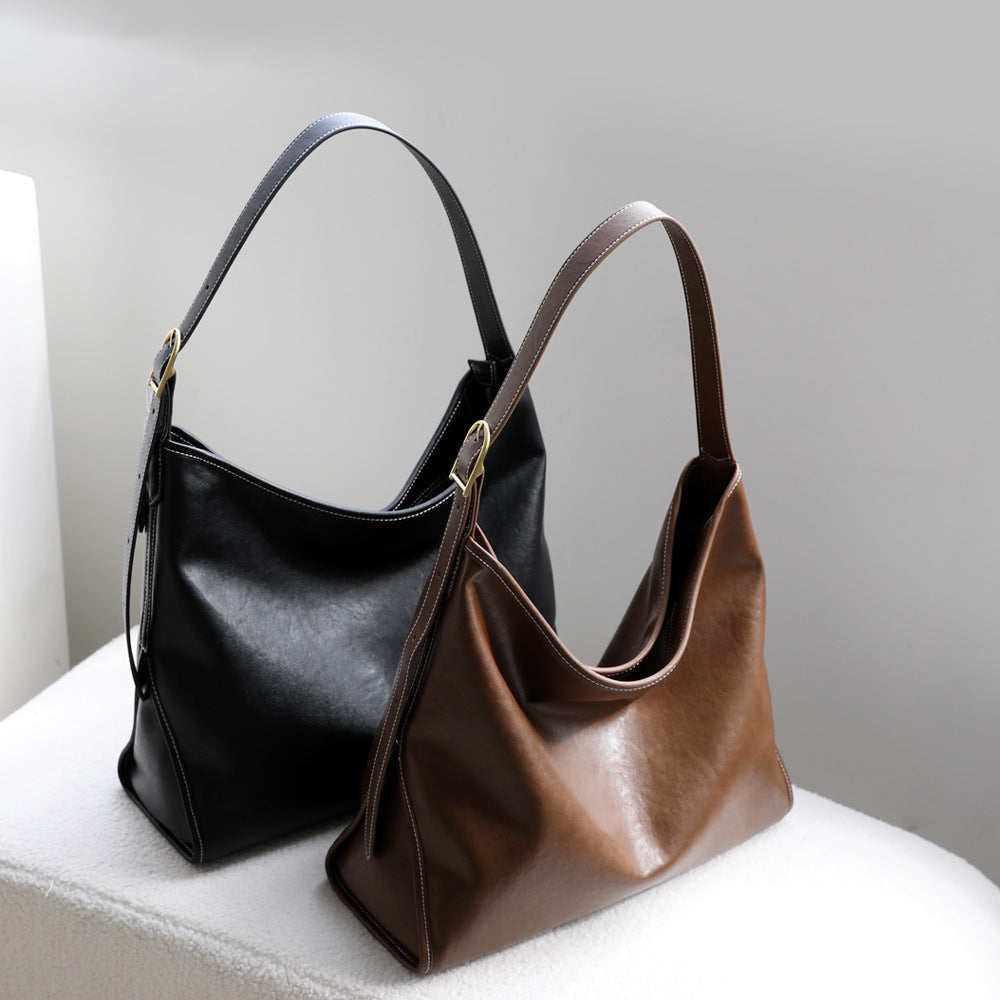 Vegetable-Tanned Cowhide Tote Bag for Women Vintage Large Capacity Commuter Shoulder Handbag, Niche Leather Purse with Natural Patina