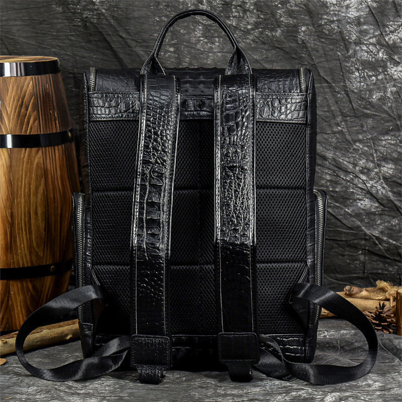 Genuine Cowhide Crocodile-Embossed Backpack for Men, Fashionable Creative Student School Travel Daypack, Durable Leather Laptop Computer Bag for Gentlemen
