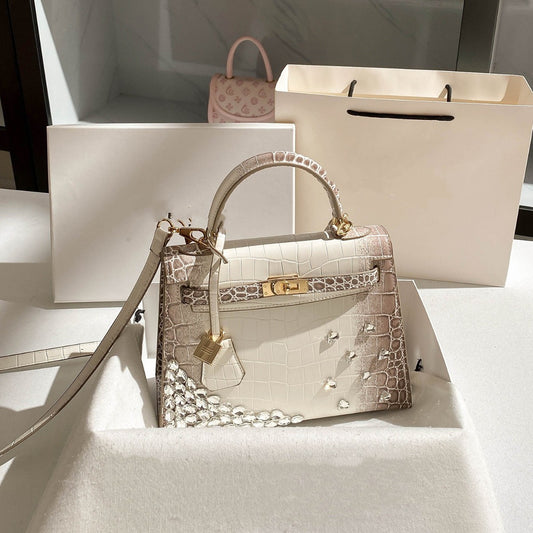 New Arrival Rhinestone-Embellished Croc-Effect Light Luxury Handbag for Women, Exquisite Birkin & Kelly-Inspired Top-Handle Purse with Heavy-Duty Sparkly Design, Fashionable Everyday Bag