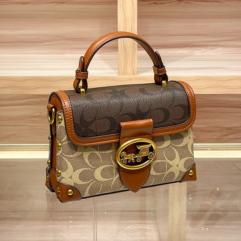 Genuine Leather Color Block Printed Box Bag for Women, Niche Fashionable Premium Shoulder Crossbody Purse, Unique Designer Handbag for Ladies