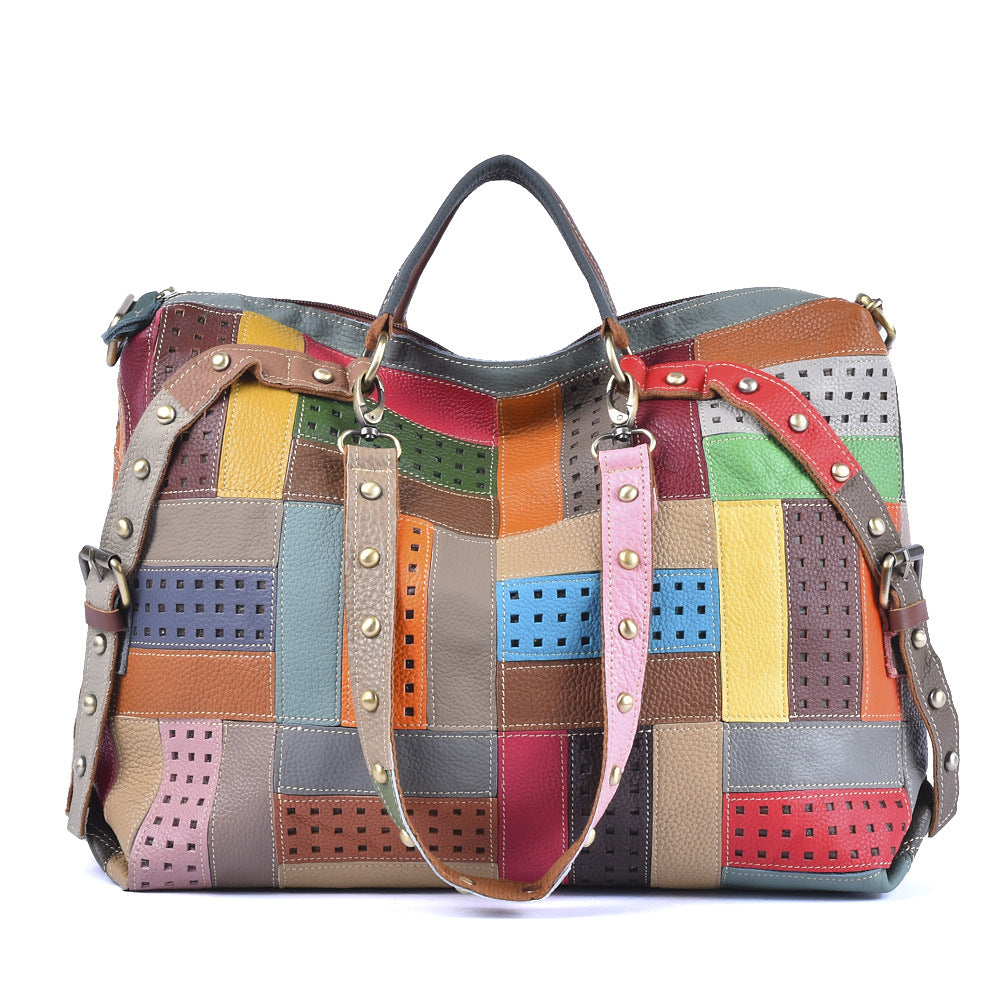 Colorful Stripe Geometric Bag in Genuine Cowhide, Random Color Block Large Capacity Shoulder Crossbody Tote, Stylish Handbag for Women