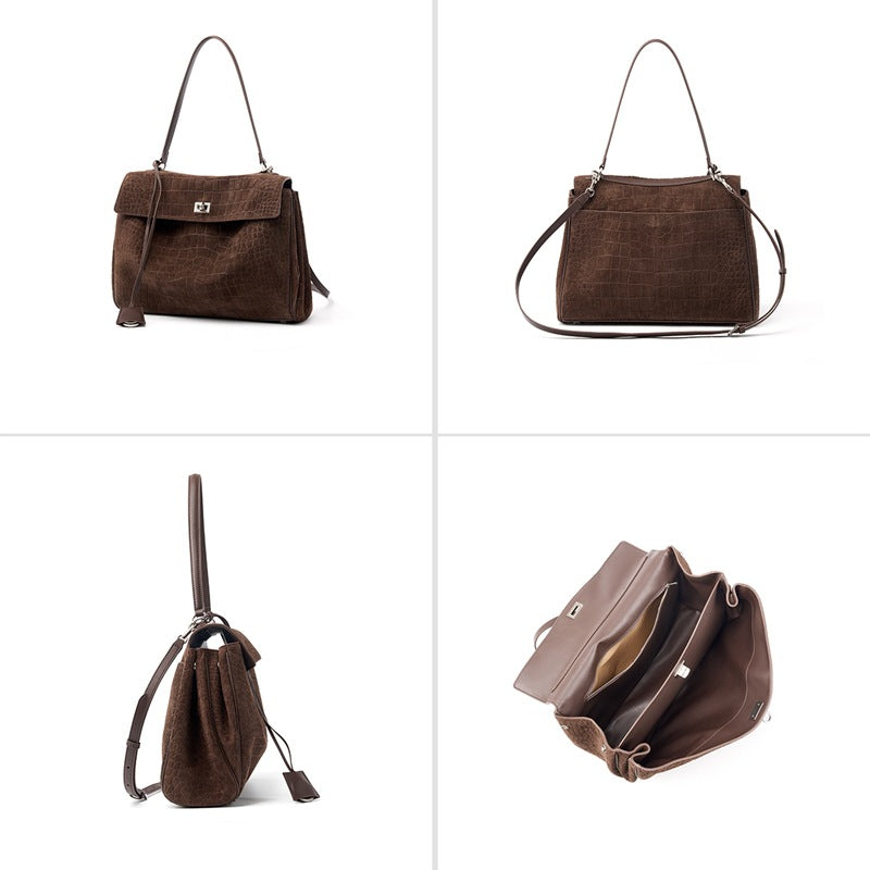 Genuine Suede Large Capacity Tote Bag for Women, Vintage Commute Underarm Shoulder Top Handle Purse, Premium Everyday Handbag for Ladies