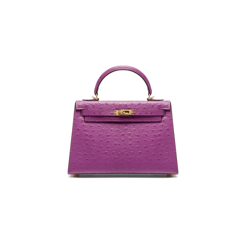 Women's Genuine Leather Handbag Shoulder Bag Top Layer Cowhide Kelly Style Crossbody Purse with Ostrich Embossed Texture