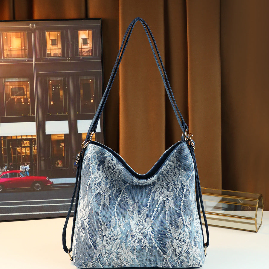 French Lace Rhinestone Denim Tote Bag for Women Large Capacity Drawstring Shoulder Crossbody Backpack, Versatile 3-in-1 Bag with Sparkling Embellishments