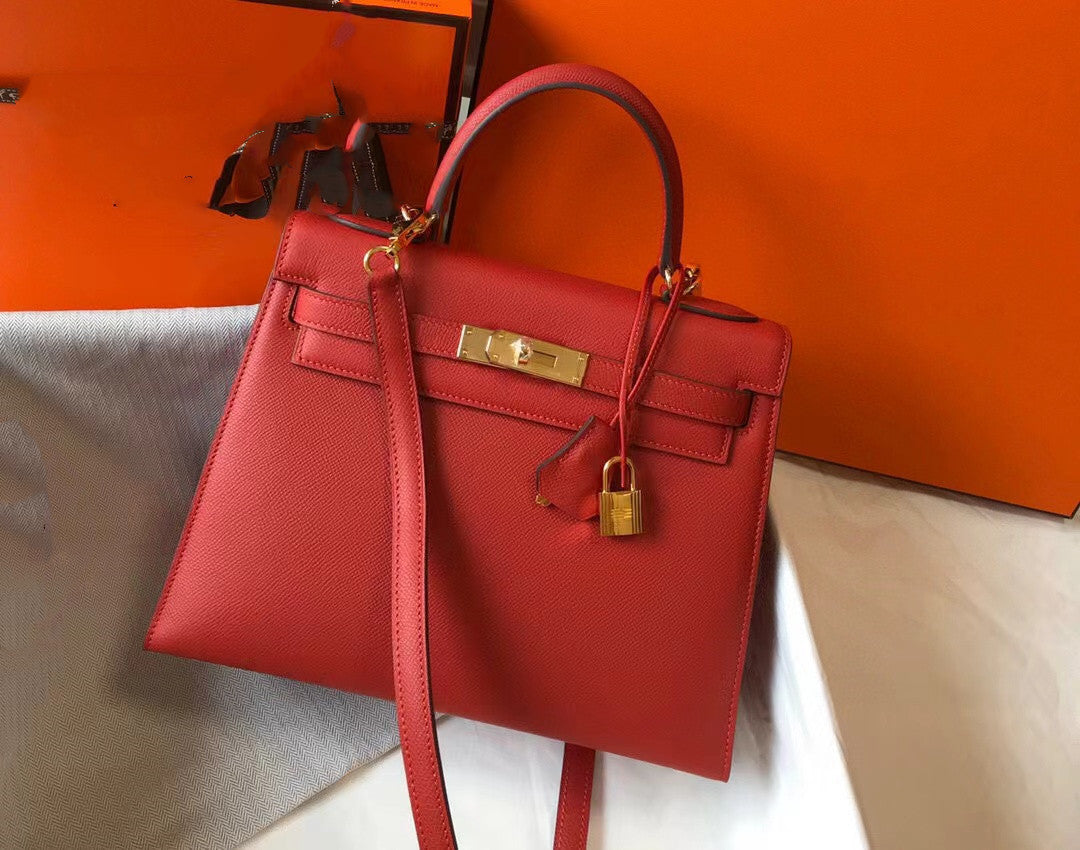 Genuine Epsom Calfskin Leather Kelly-Style 25/28 Top Handle Bag for Women, Premium Commute Handbag with Chic Fashionable Design for Ladies