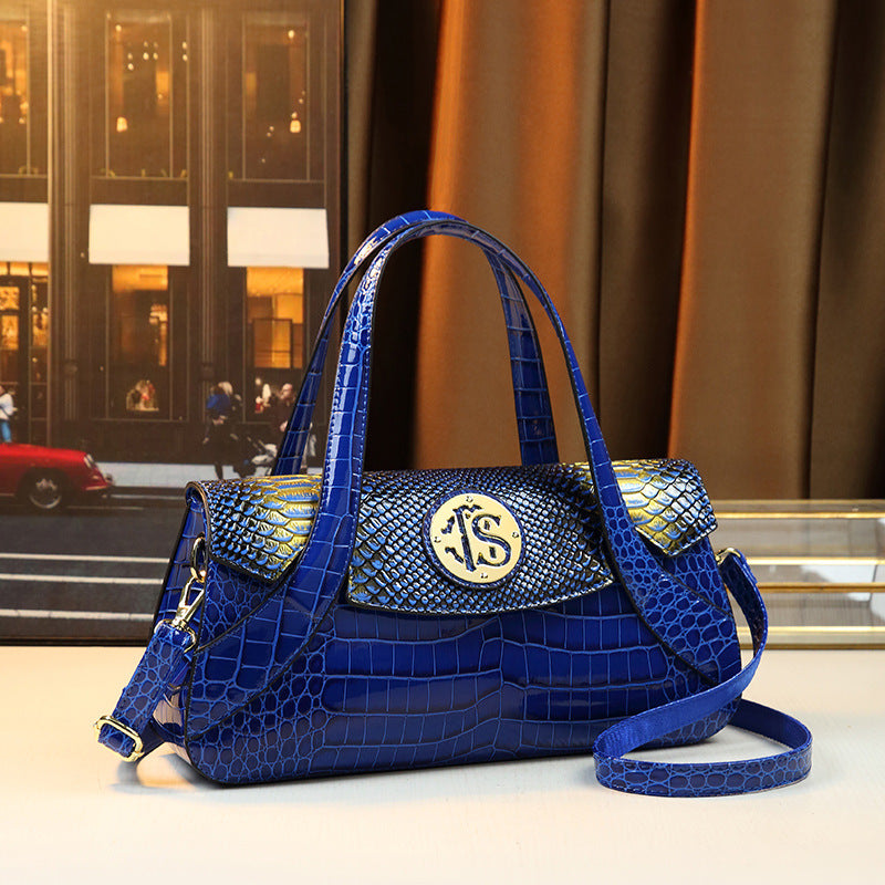Chic Large Capacity Blue Croc-Effect Boston Bag for Women, A Trendy Top-Handle Shoulder Crossbody Handbag with Spacious Design 6070