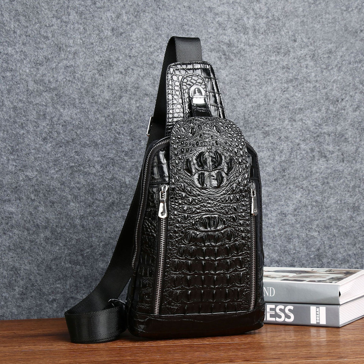 New Arrival Croc-Effect Genuine Leather Chest Bag for Men, A Top-Layer Cowhide Crossbody Shoulder Front Pack with Fashionable Design, Perfect for Outdoor & Casual Use