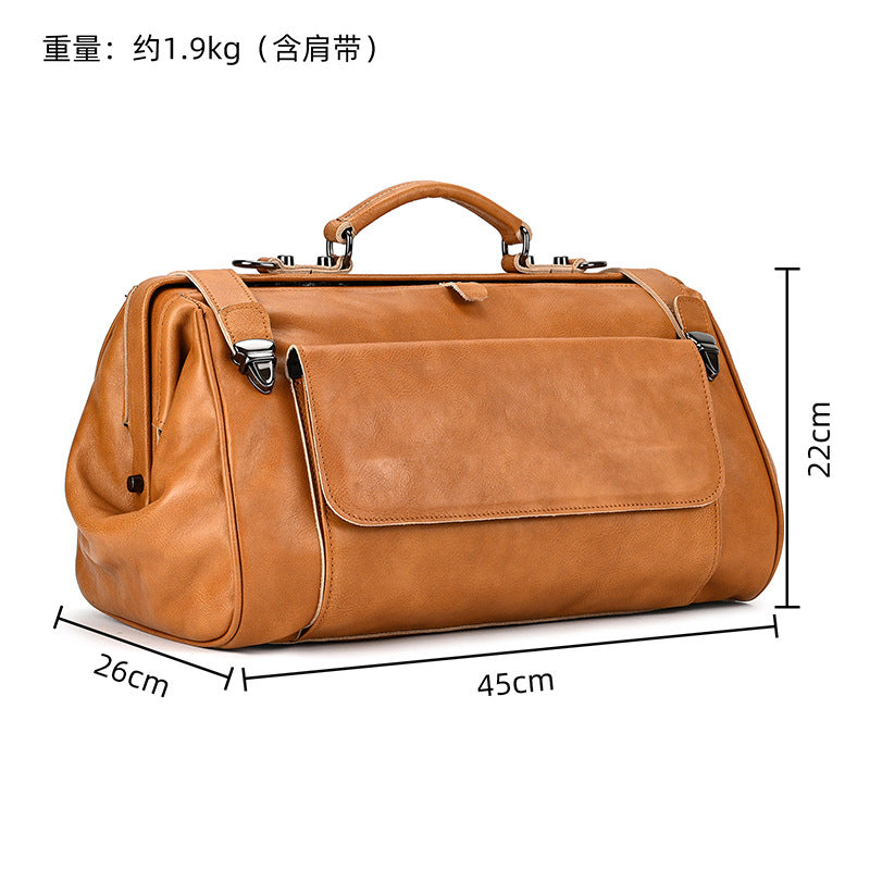 Vegetable-Tanned Leather Vintage Travel Duffle, Trendy Shoulder Crossbody Luggage Bag, Premium Top Handle Weekender for Men