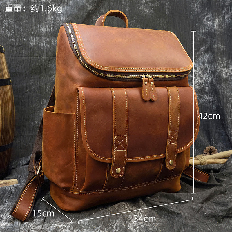 Crazy Horse Leather Large Capacity Travel Backpack, Top Layer Cowhide School Daypack, Premium Men's Rucksack