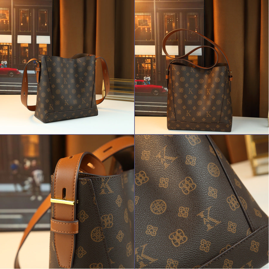 Vintage Monogram Bucket Bag for Women Large Capacity Shoulder Crossbody Handbag, Classic Logo Print Purse with Stylish Everyday Appeal