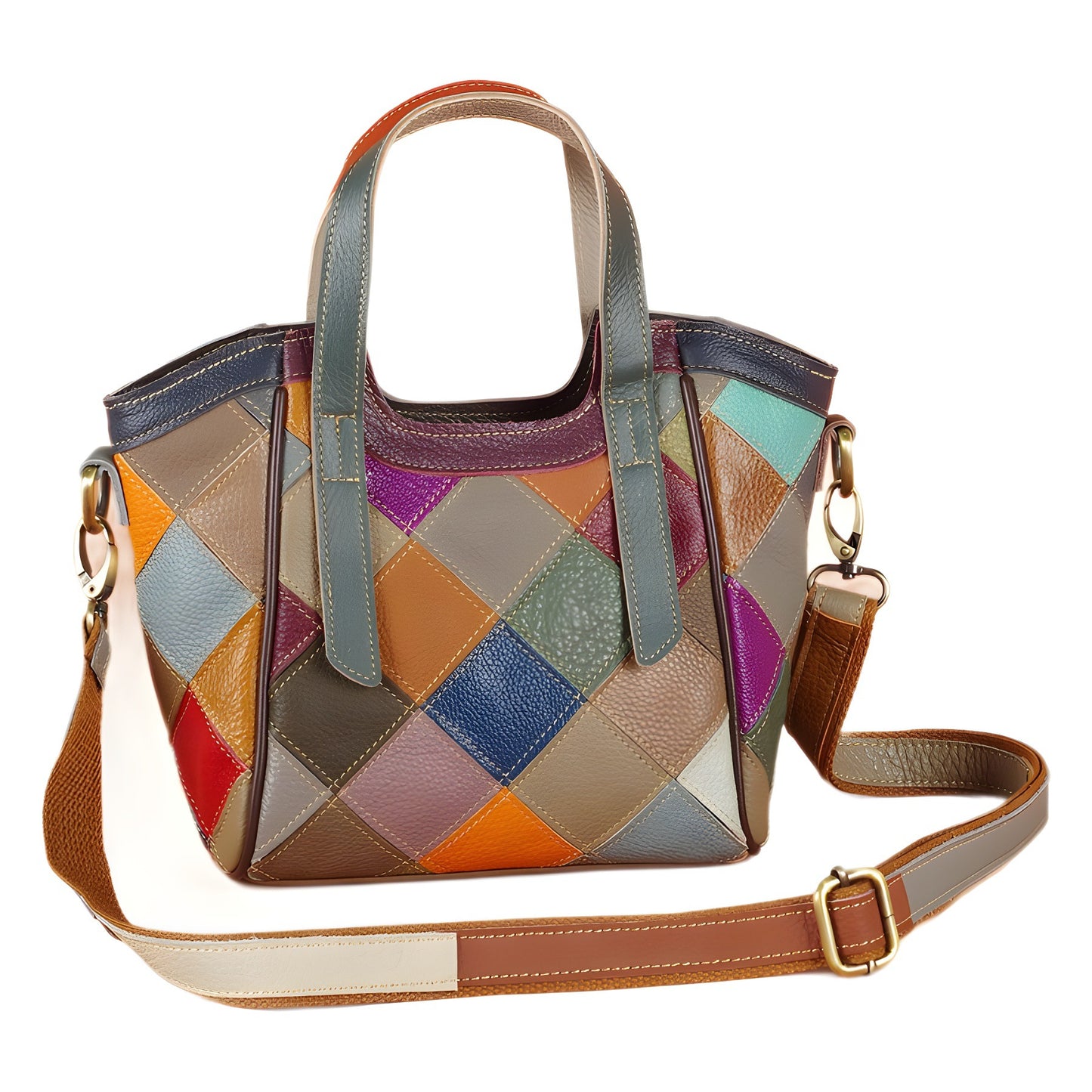 Genuine Leather Vintage Colorful Plaid Patchwork Handbag for Women, Ethnic Casual Shoulder Crossbody Top Handle Purse, Color Block Designer Bag for Ladies