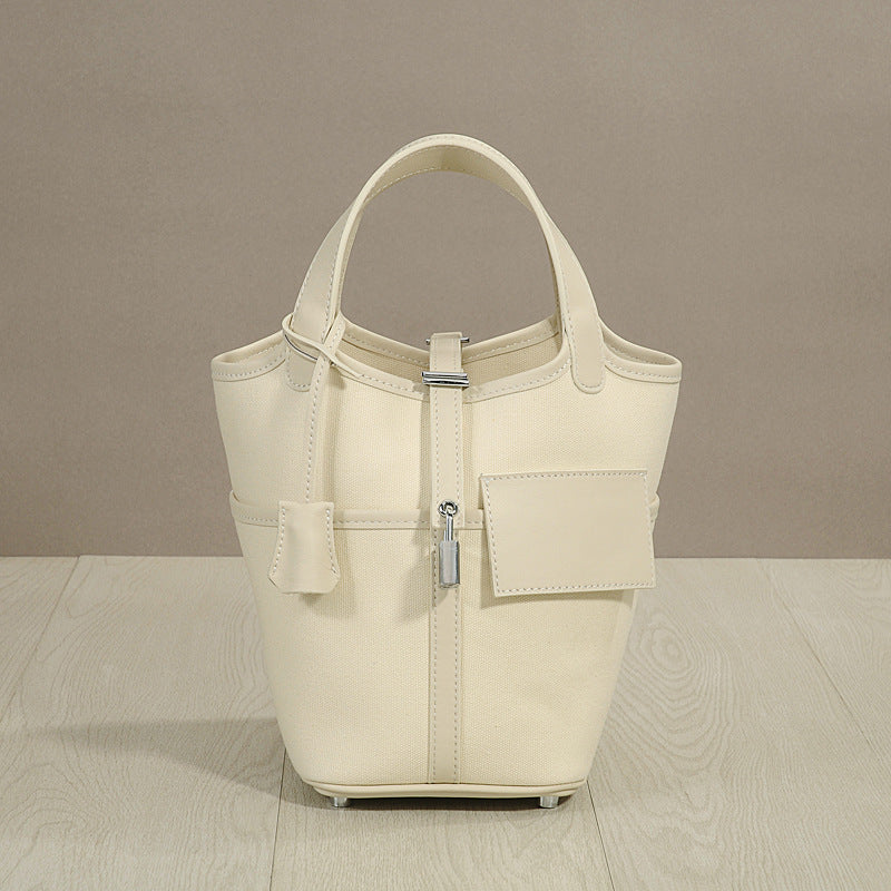 Genuine Smooth Cowhide Canvas Patchwork Bucket Bag for Women, Waxed Thread Stitched Top Handle Crossbody Basket Purse, Casual Tote Handbag with Pocket Detail for Ladies