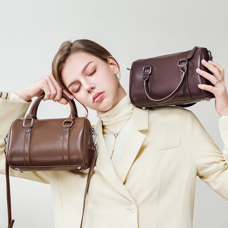 Genuine Top Layer Vegetable-Tanned Cowhide Boston Pillow Bag for Women, Large Capacity Commute Shoulder Crossbody Small Purse, Casual Everyday Leather Handbag for Ladies