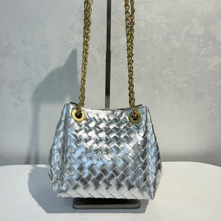 Genuine Leather Metal Chain Woven Parachute Bag for Women, Large Capacity Vintage Underarm Shoulder Crossbody Purse, Premium Handbag for Ladies
