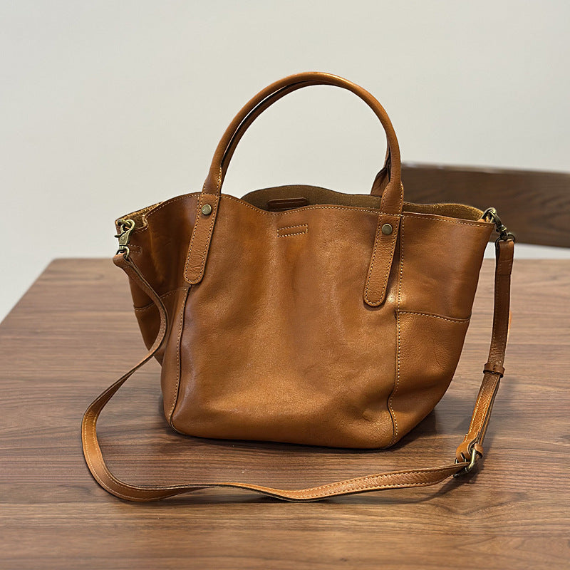 Handmade Cowhide Large Capacity Shopping Tote Bag for Women, Vintage Bucket Shoulder Crossbody Top Handle Purse, Genuine Leather Handbag for Ladies