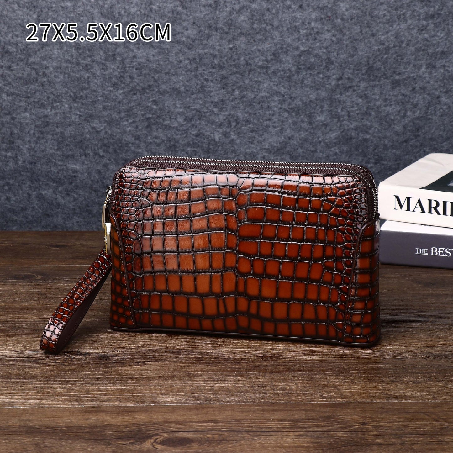 New Arrival Distressed Croc-Effect Clutch Bag for Men, A Large Capacity Casual Document Wallet with Double-Zip & Combination Lock