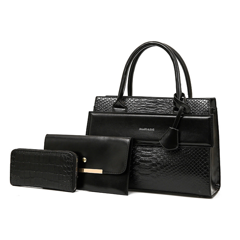 New Arrival Vintage Croc-Effect 3-Piece Handbag Set for Women, A Large Capacity Crossbody Top-Handle Commuter Bag with Versatile Elegant Design, Perfect Everyday Set
